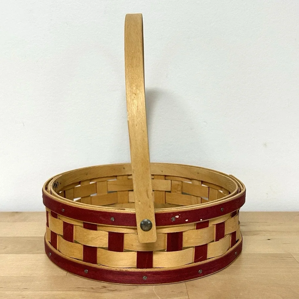 Vtg Longaberger Small Pie Basket Cherry Red Checkered Woven Swing Handle 2006
